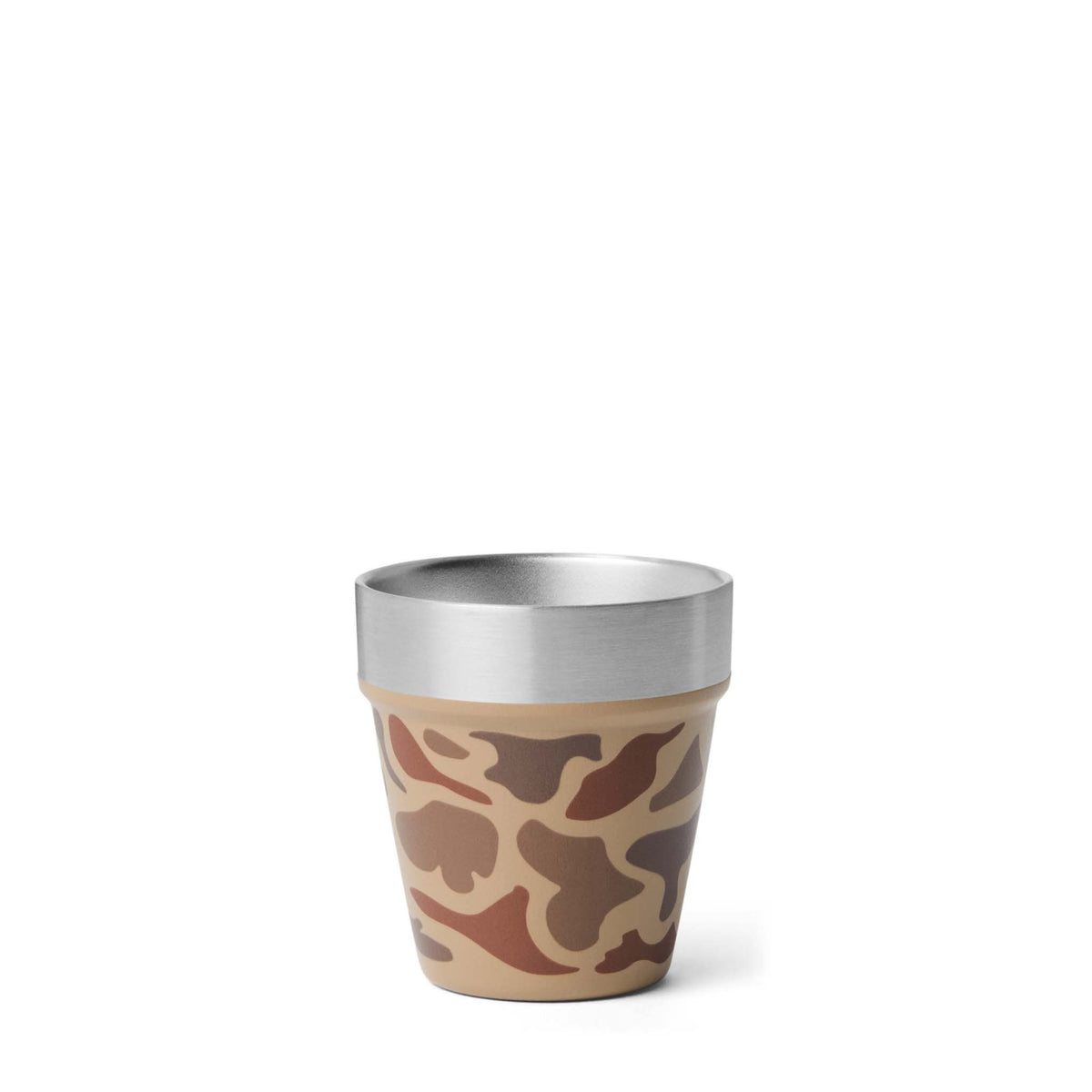 YETI Rambler 1 oz Stackable Shot Cup in Wetlands Camo with brushed stainless rim, shown upright against white background.