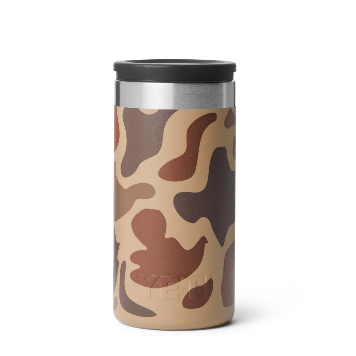 YETI Wetlands Camo canister with black lid securely attached, shown standing upright.