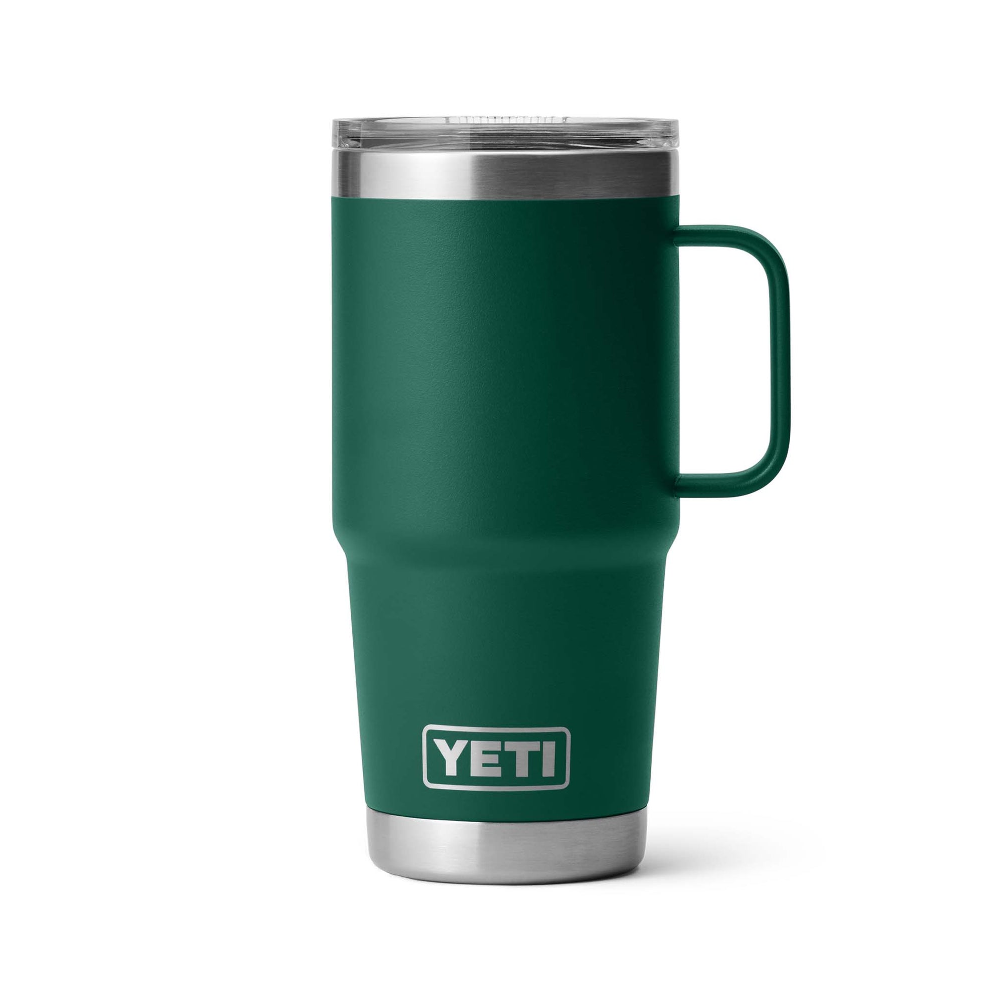 YETI Rambler 20oz Travel Mug in Black Forest Green shown from front with YETI logo printed on lower front and handle on right side.