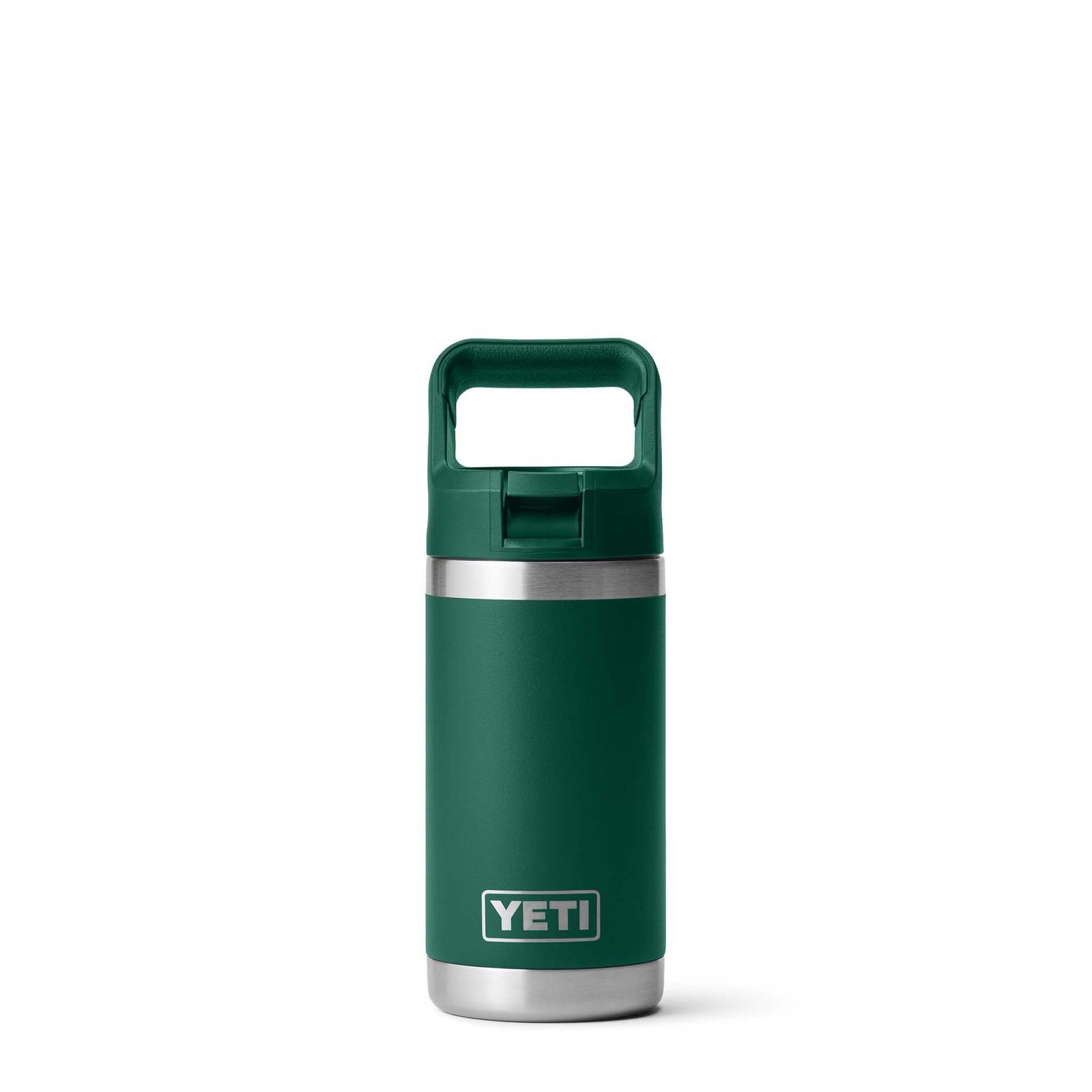 YETI Rambler 12oz Straw Bottle in Black Forest Green, front view with closed straw cap and YETI logo near base.