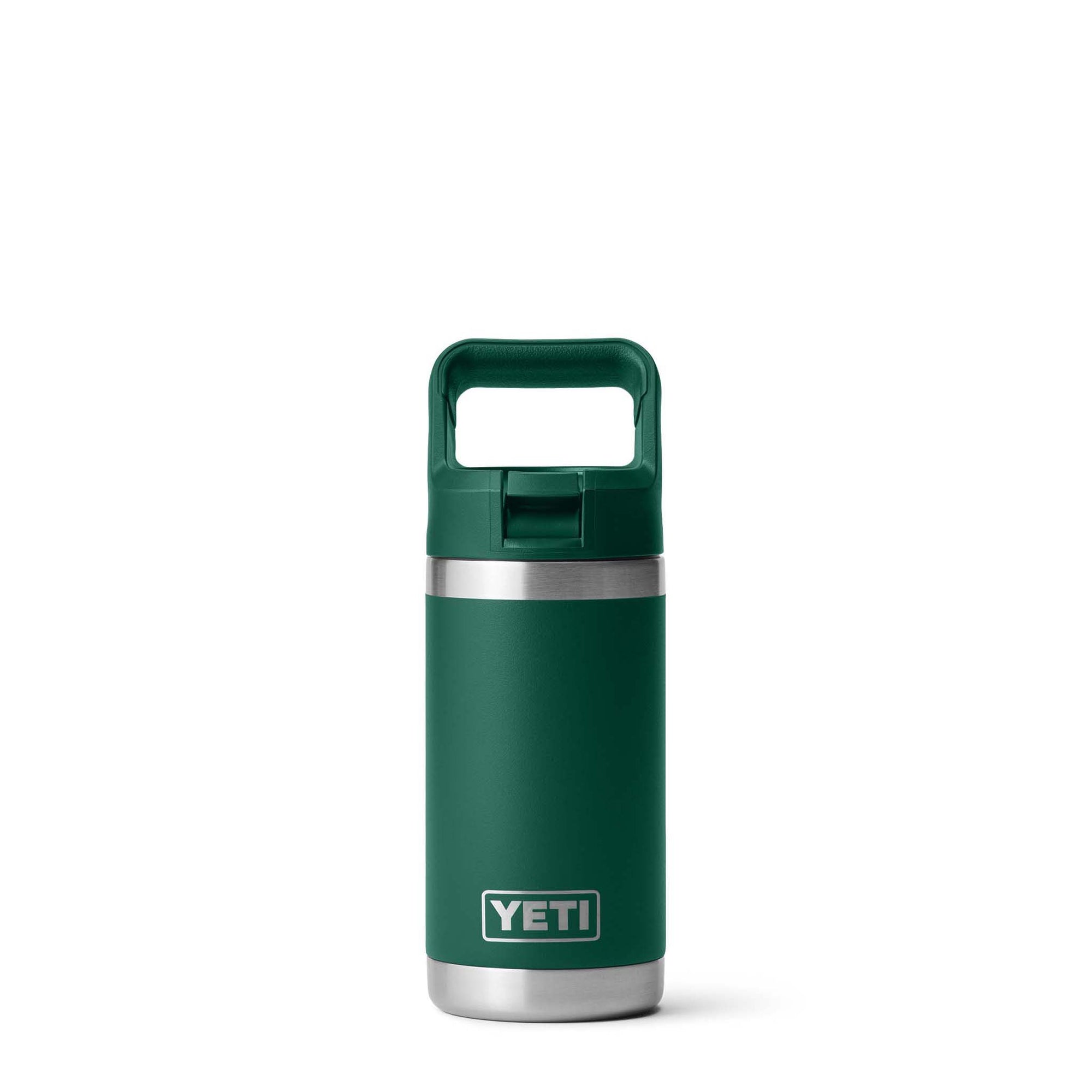YETI Rambler 12oz Straw Bottle in Black Forest Green, front view with closed straw cap and YETI logo near base.