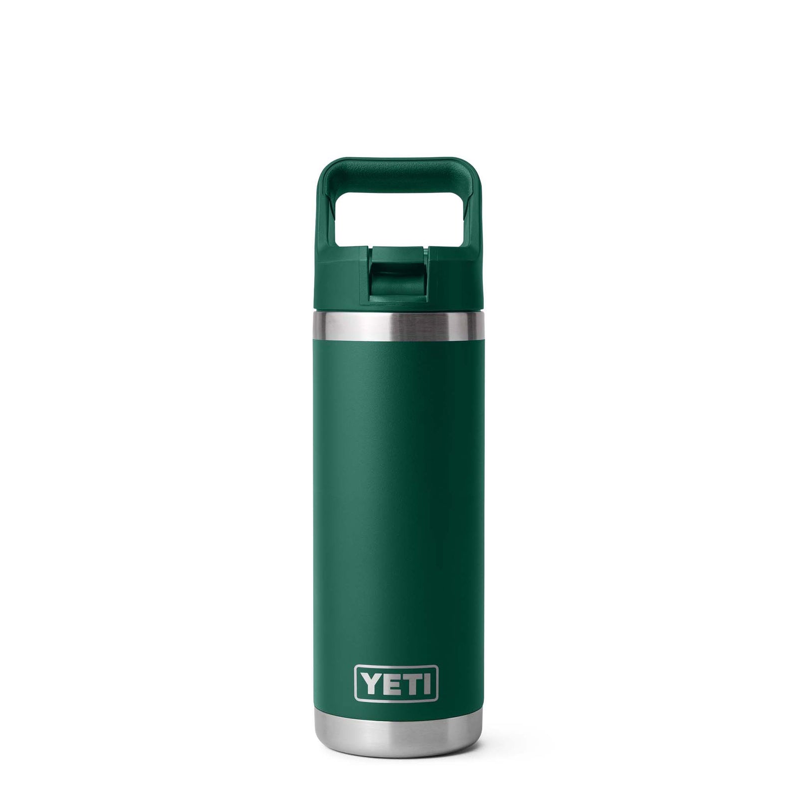 YETI Rambler 18oz Straw Bottle in Black Forest Green, front view with closed straw cap and YETI logo near base.
