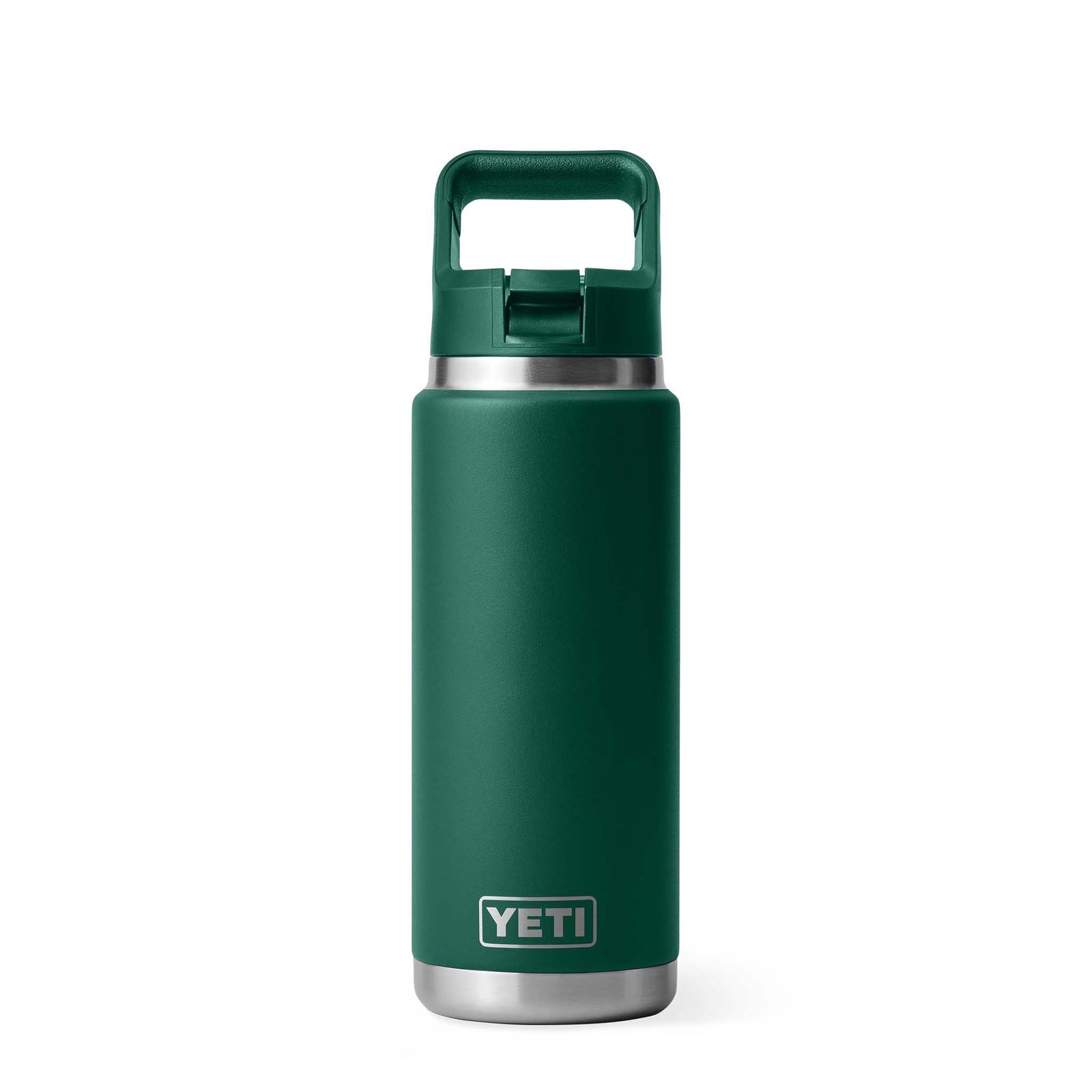 YETI Rambler 26oz Straw Bottle in Black Forest Green, front view with closed handle cap and embossed YETI logo.