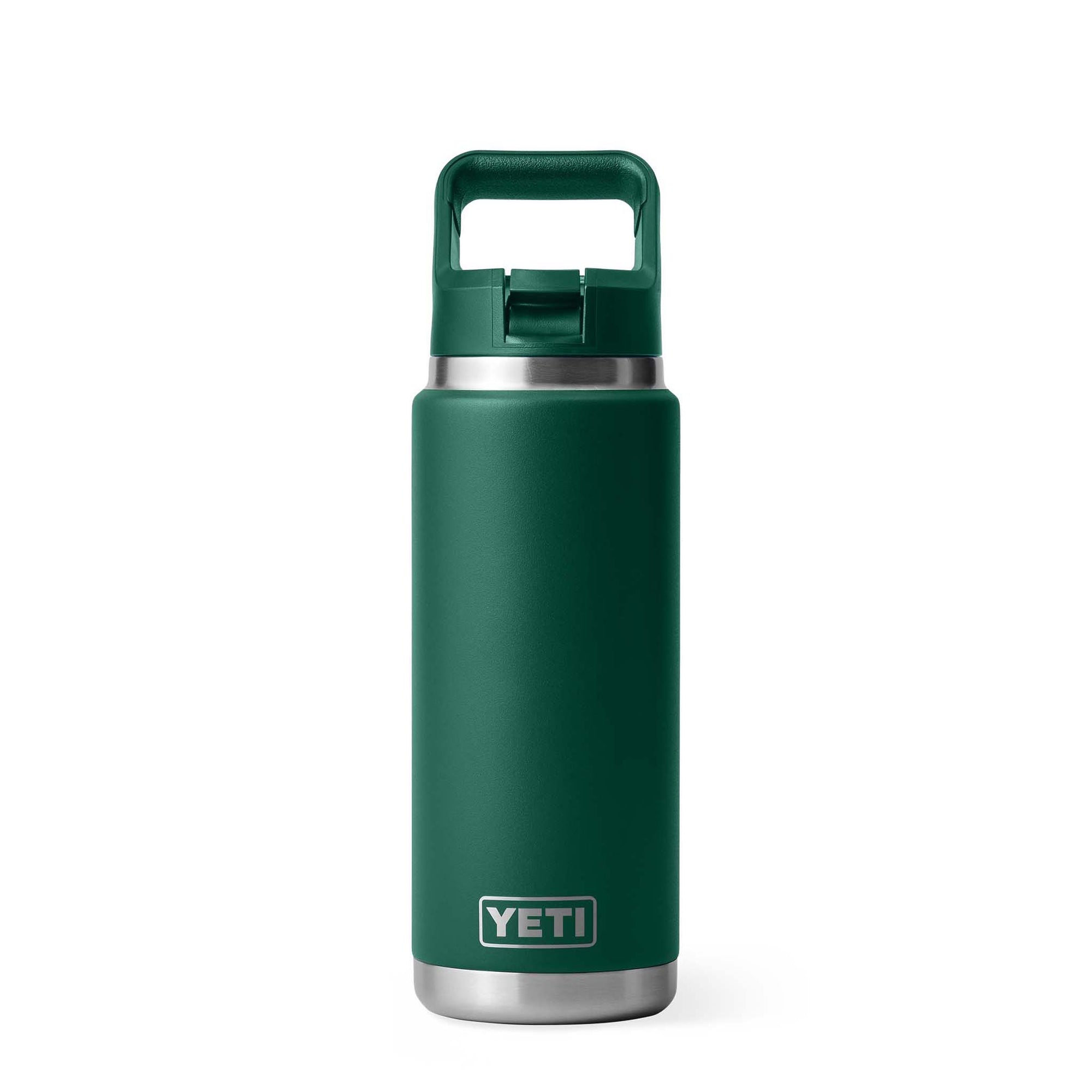 YETI Rambler 26oz Straw Bottle in Black Forest Green, front view with closed handle cap and embossed YETI logo.