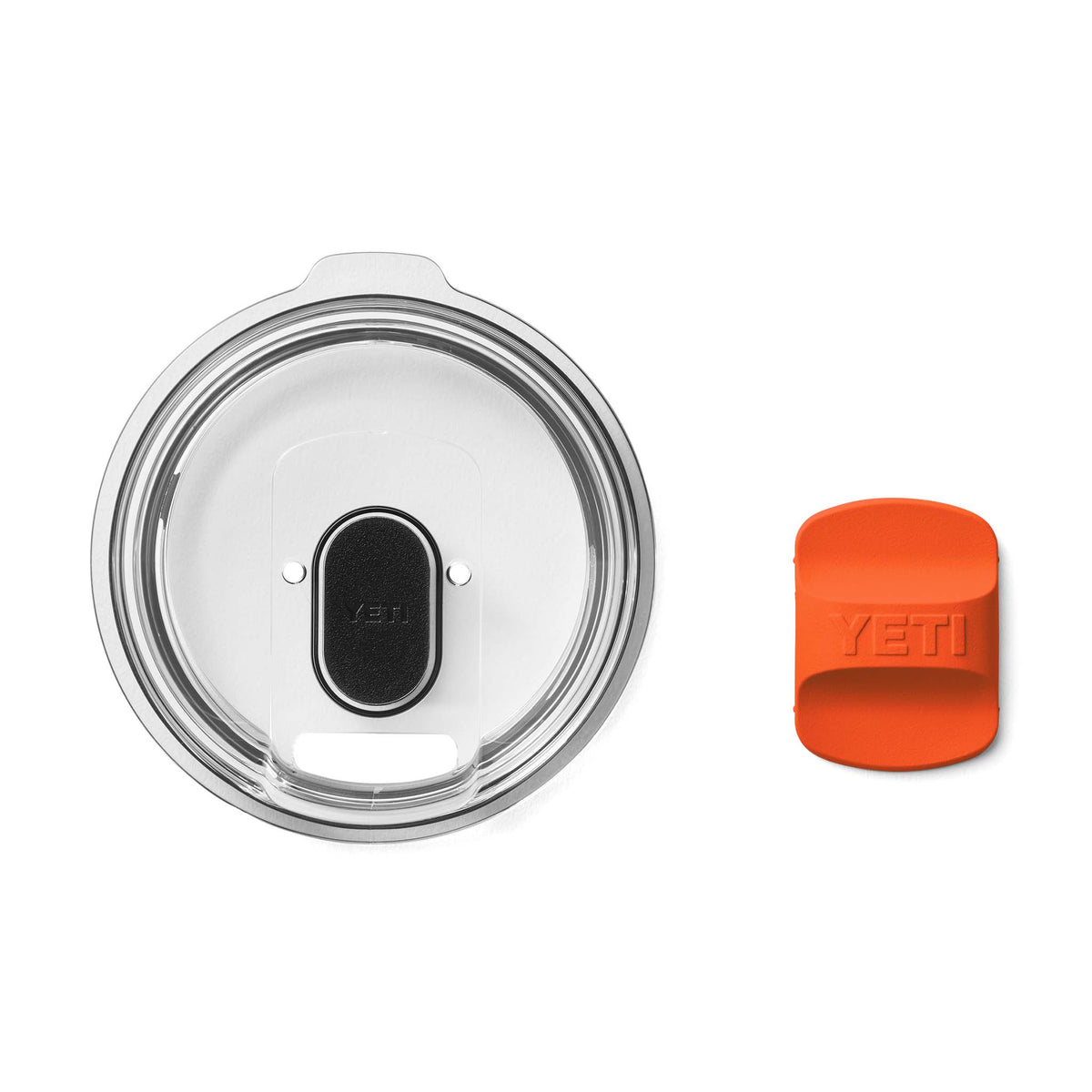 YETI Rambler lid shown with the orange MagSlider removed, revealing black magnetic slider installed on the clear plastic lid.