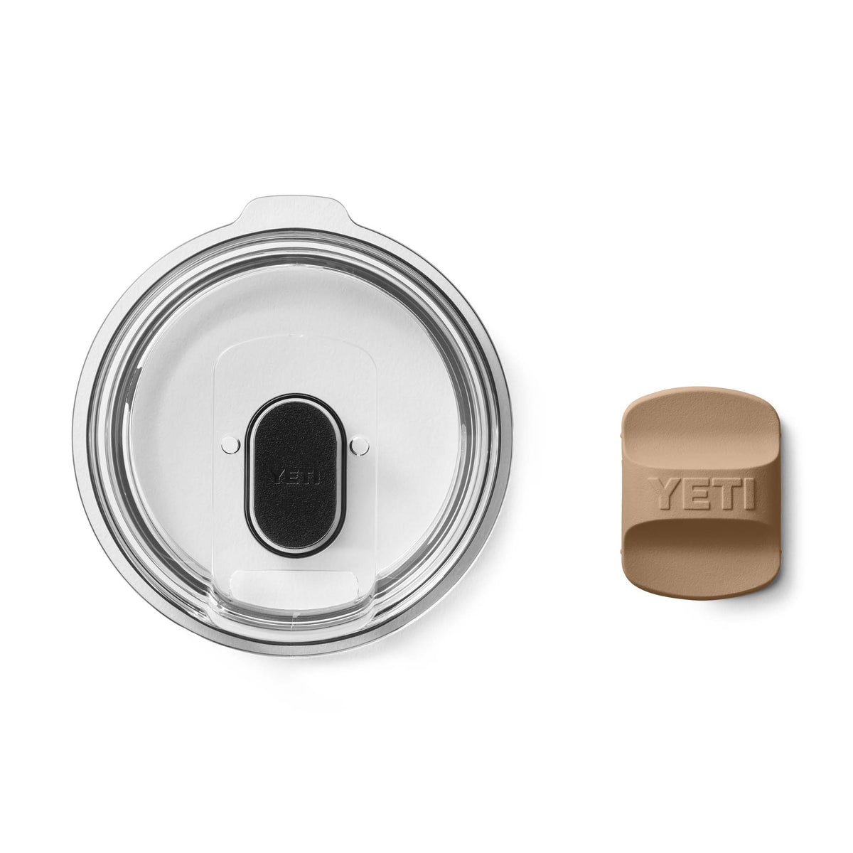 YETI Rambler lid with tan MagSlider removed and placed beside the clear plastic lid with black slider installed.