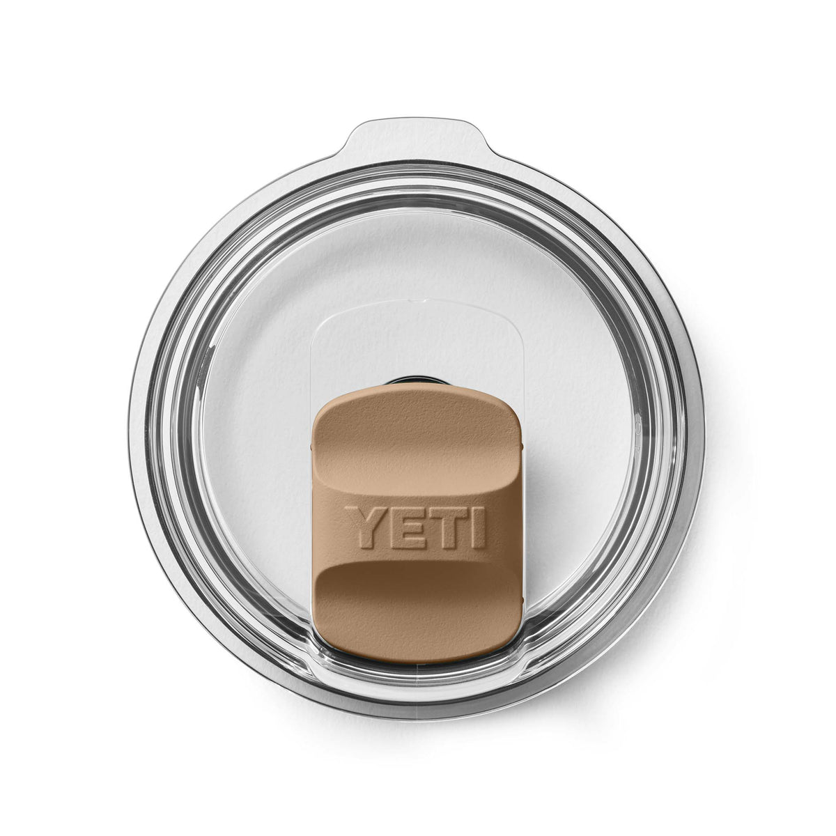 Top view of a YETI Rambler lid with tan MagSlider locked in place over the clear plastic opening.