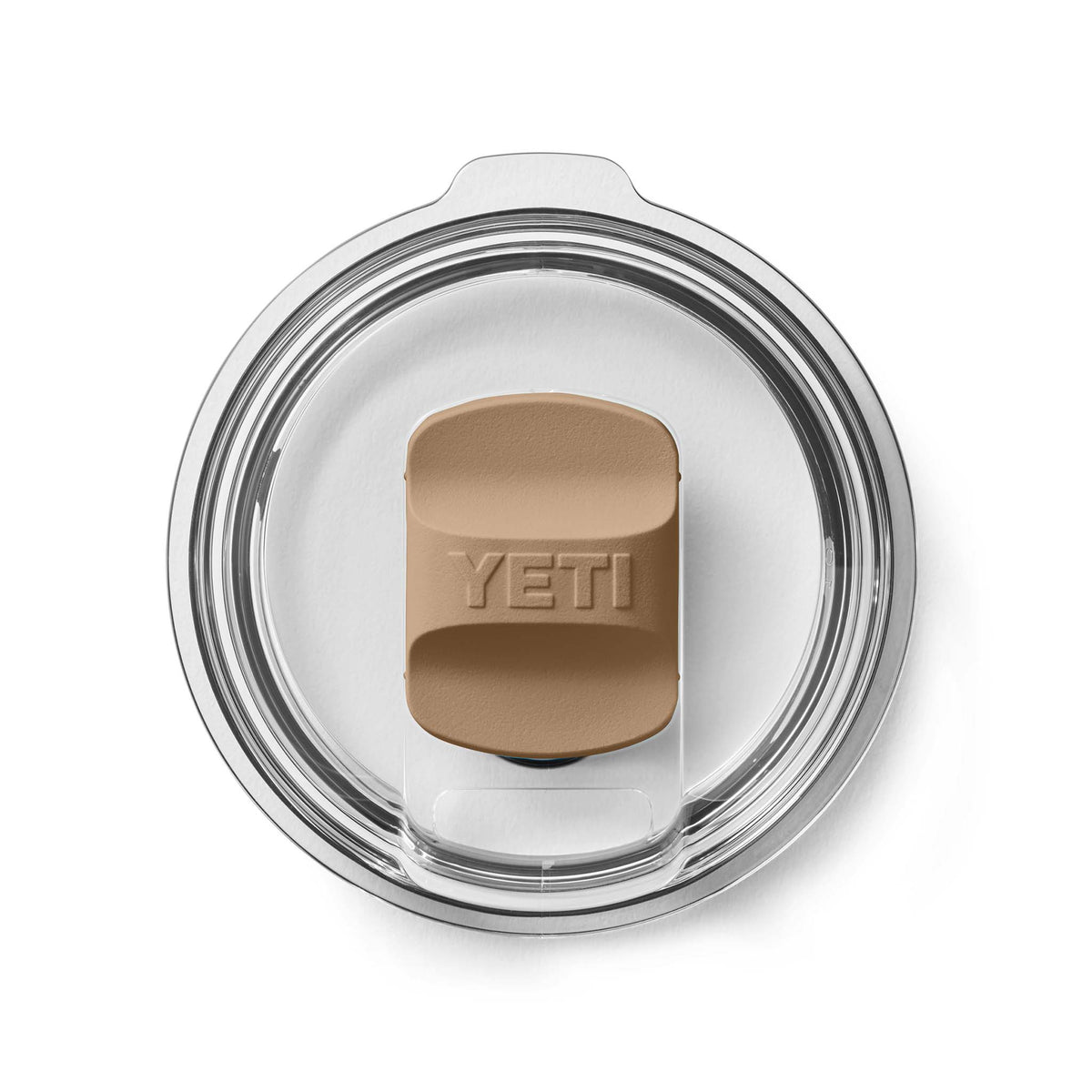 Angled top view of YETI Rambler lid with tan MagSlider attached to the center of the clear lid.