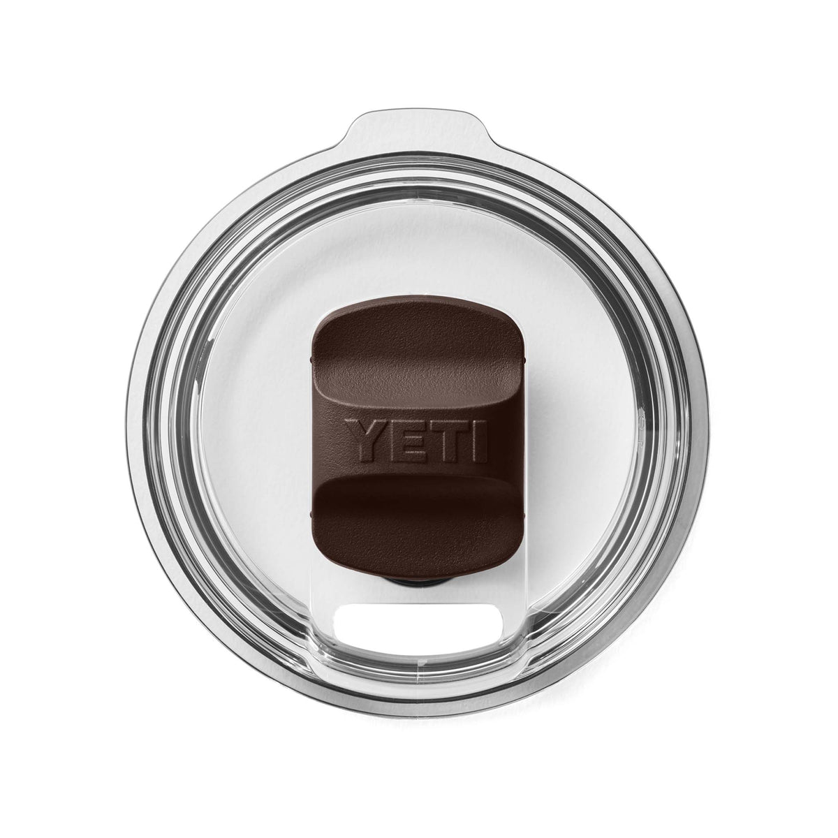 Top view of a YETI Rambler lid with dark brown MagSlider snapped in place over the clear lid opening.