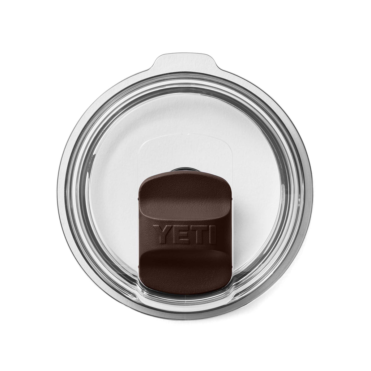 Overhead view of YETI Rambler lid with dark brown MagSlider attached to the clear lid.

