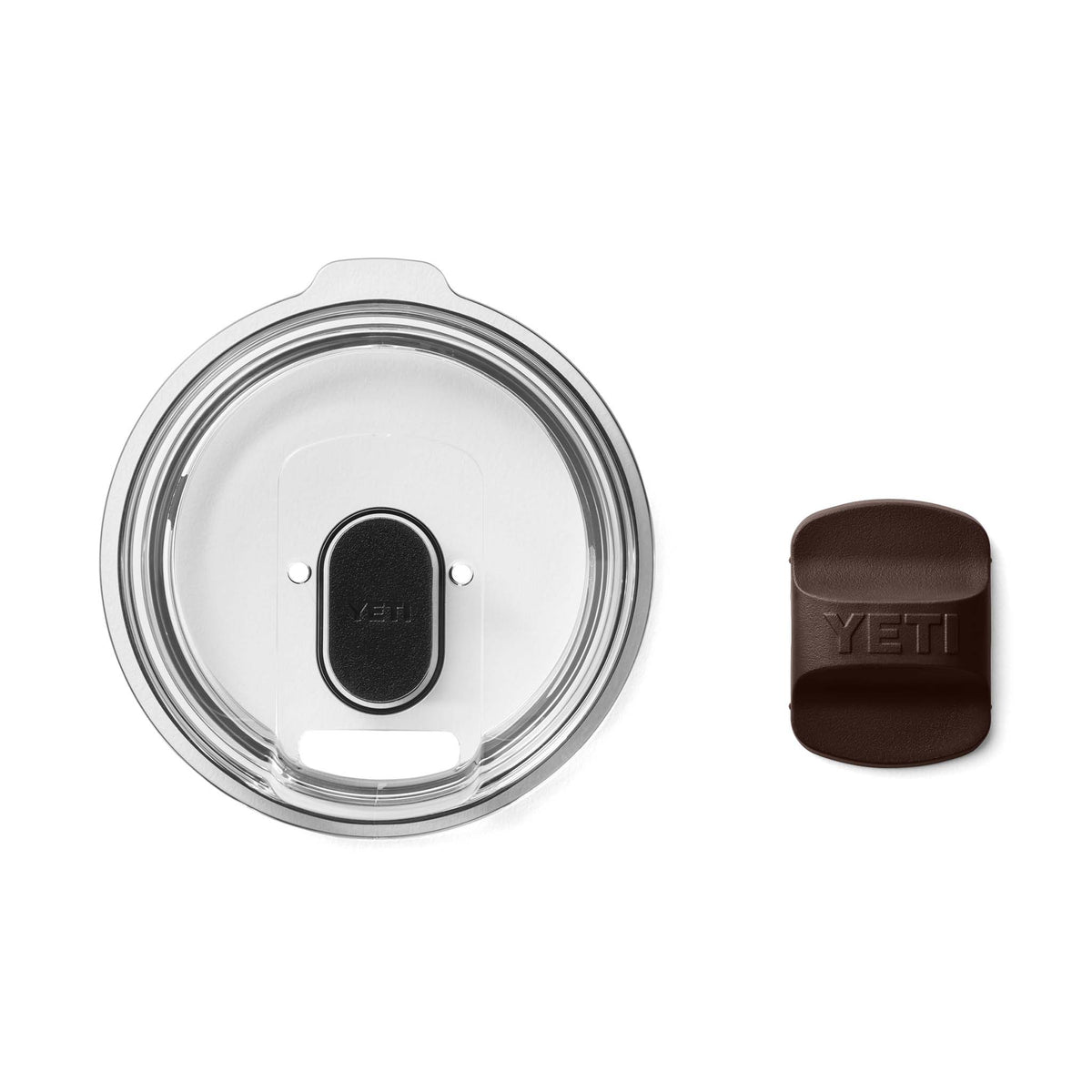 YETI Rambler lid with dark brown MagSlider placed next to the lid, showing the underside of the black slider component.
