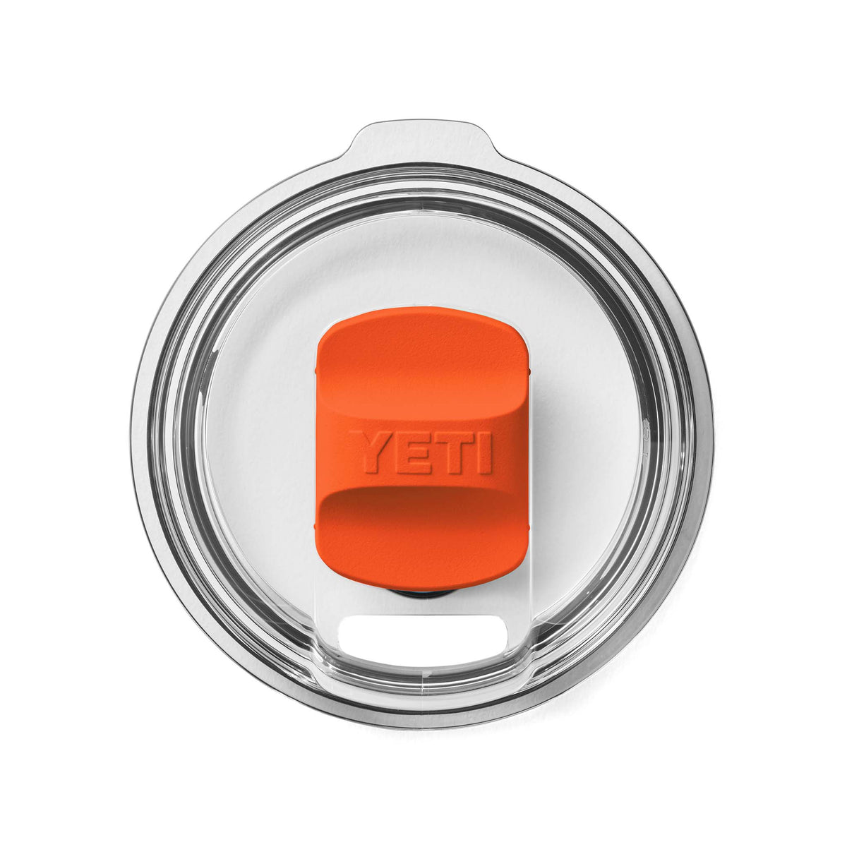 Top view of a YETI Rambler lid with orange MagSlider attached to the clear plastic opening for a secure seal.