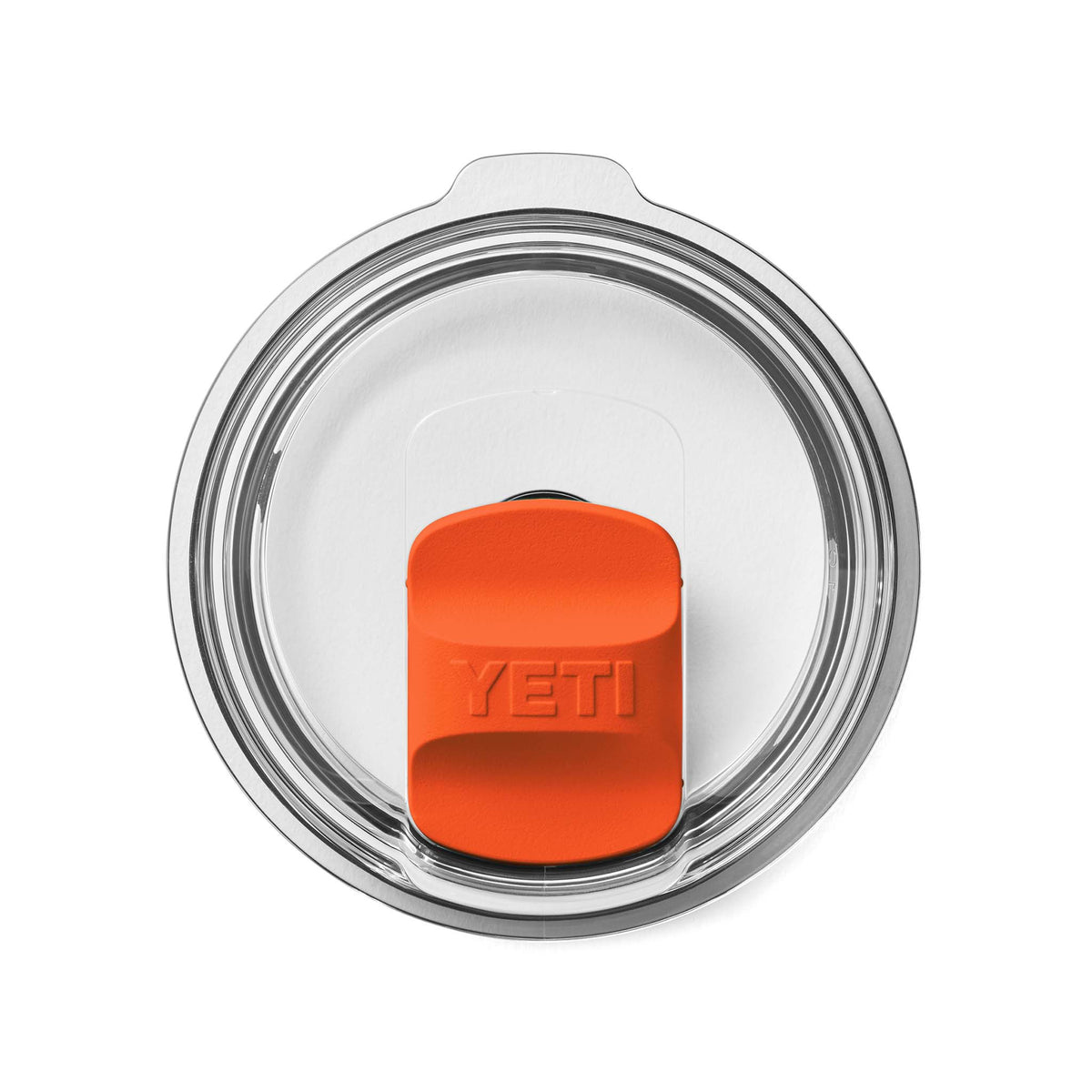 Top view of a YETI Rambler lid with an orange magnetic MagSlider in the center and clear plastic rim.