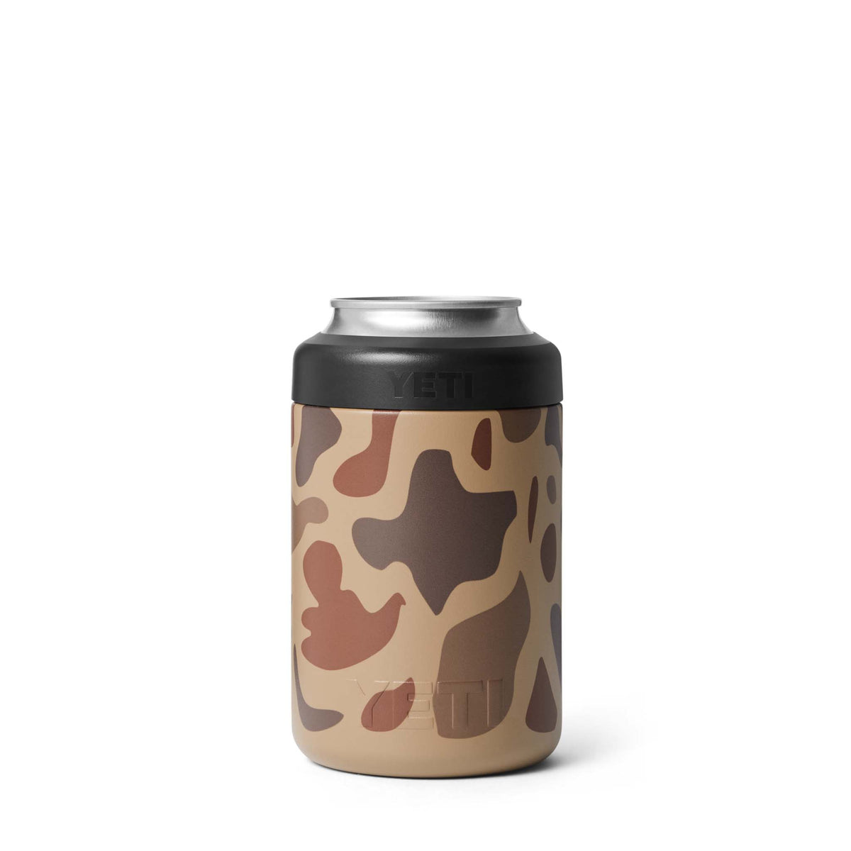 Back view of YETI Colster can cooler in Wetlands Camo with stainless steel can top, black gasket ring, and tan, brown, and rust camo print.