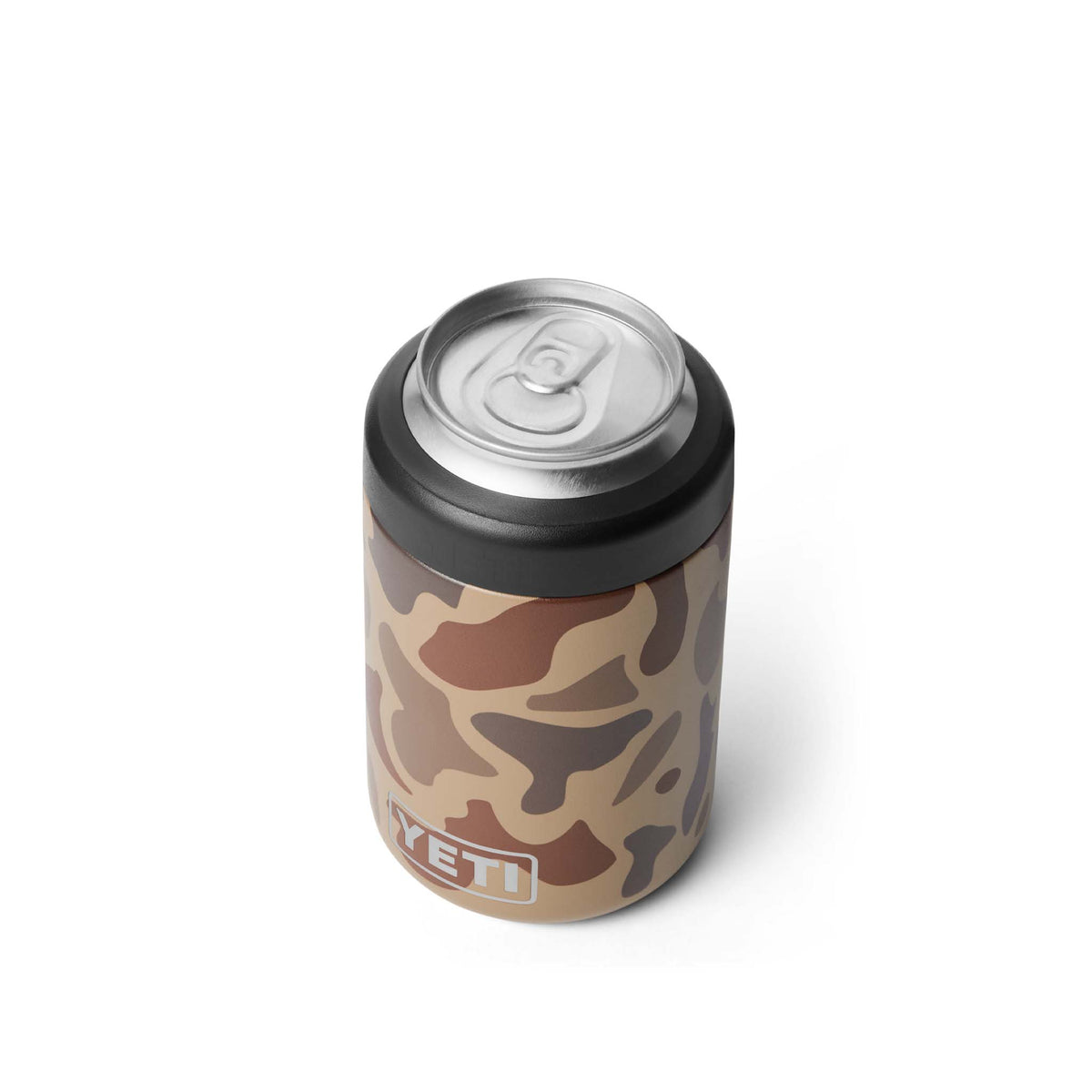Top view of YETI Colster in Wetlands Camo holding an open aluminum can, showing the black gasket ring and wraparound camo design.