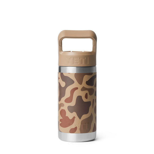 Back view of the bottle showing the molded YETI logo on the straw cap and full Wetlands Camo pattern.
