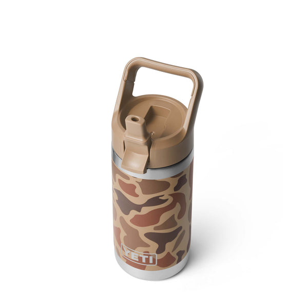 Angled top-down view of the bottle with straw cap open, revealing the spout and camo details.