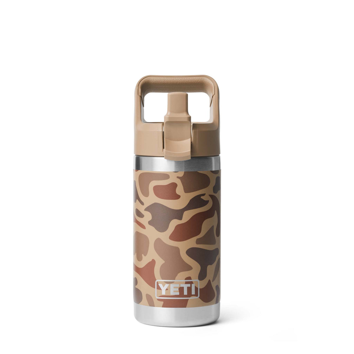 Front view of the bottle with straw cap flipped open, showing the drinking spout and full camo print.