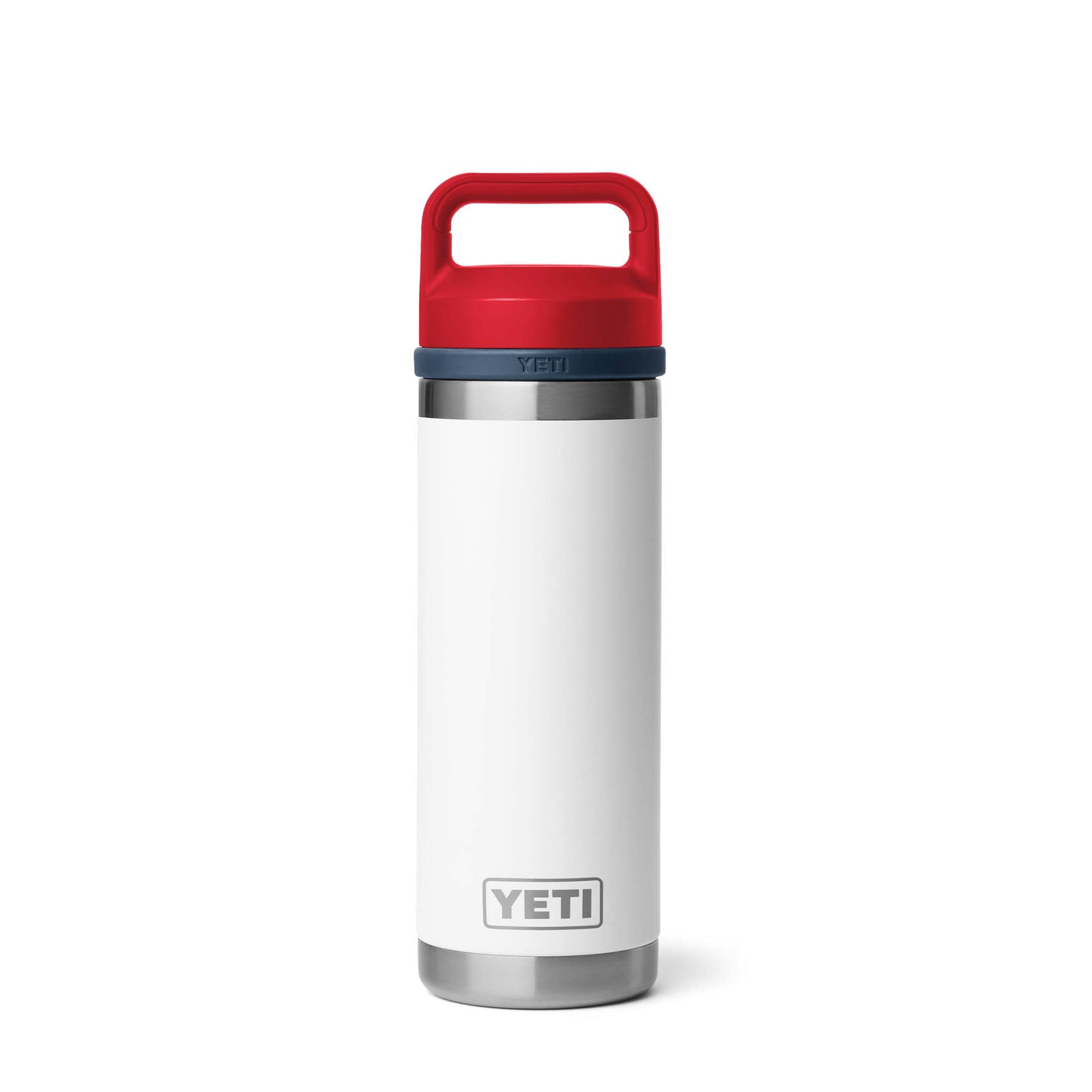 YETI Rambler 18 oz bottle in a vibrant patriotic color scheme, featuring a white body, a rescue red TripleHaul™ handle cap, and YETI logo printed on the side. The stainless steel bottle has a sleek, cylindrical shape with double-wall vacuum insulation, designed to keep drinks cold or hot for hours. Durable and eye-catching, it's perfect for on-the-go hydration.