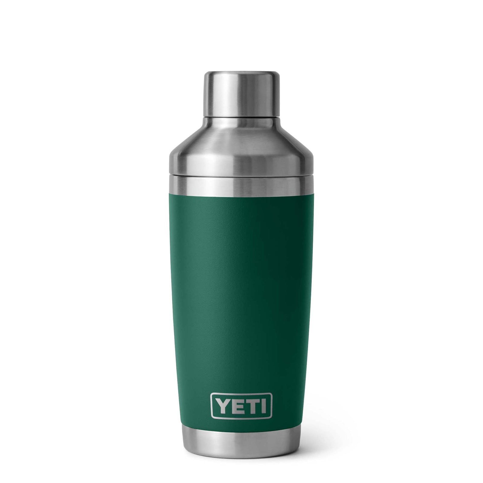 Front view of YETI Rambler Cocktail Shaker 20oz in Black Forest Green with stainless YETI logo and lid attached, highlighting the sleek silhouette.