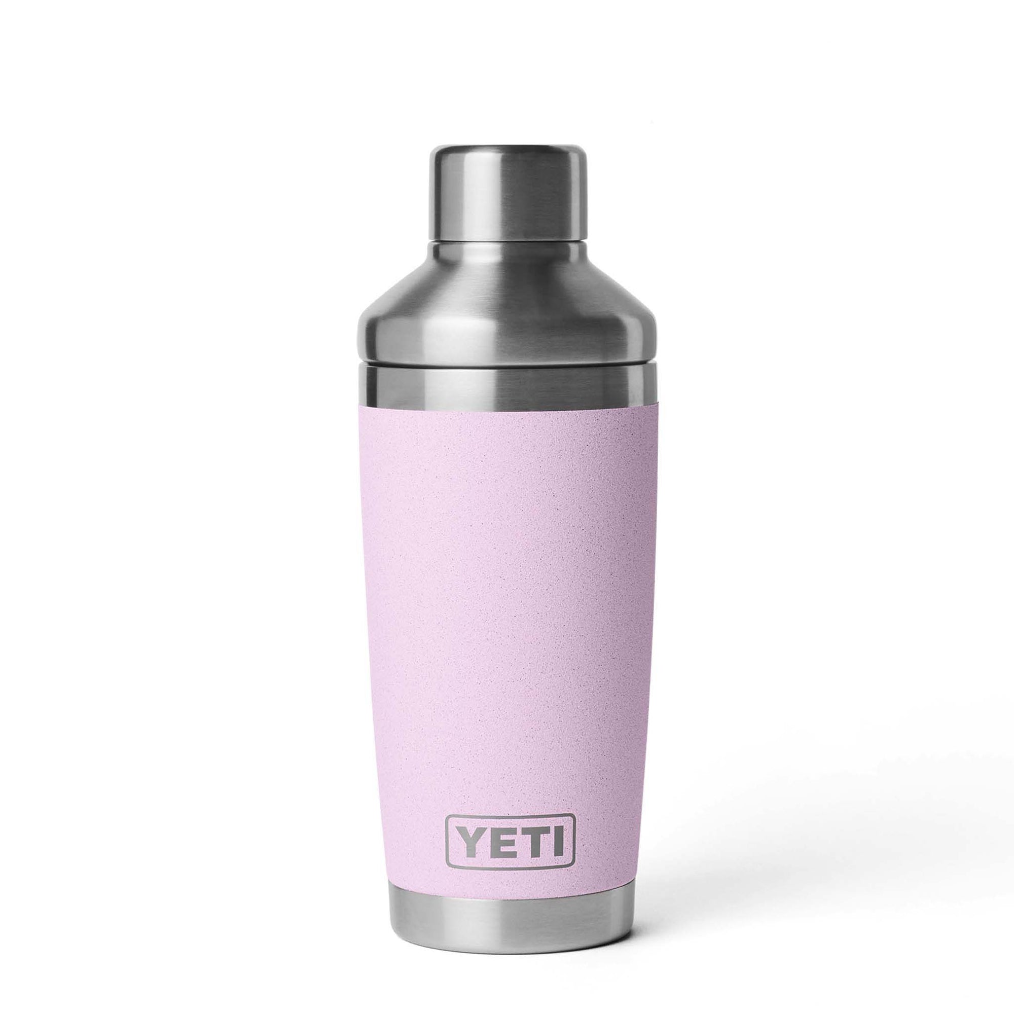 Front view of YETI Rambler Cocktail Shaker 20oz in Cherry Blossom with stainless YETI logo and lid attached, highlighting the sleek silhouette.