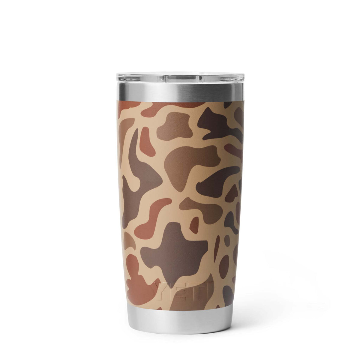 Front view of YETI Rambler tumbler in Wetlands Camo with stainless steel base and rim, featuring an all-over brown and tan camo print.