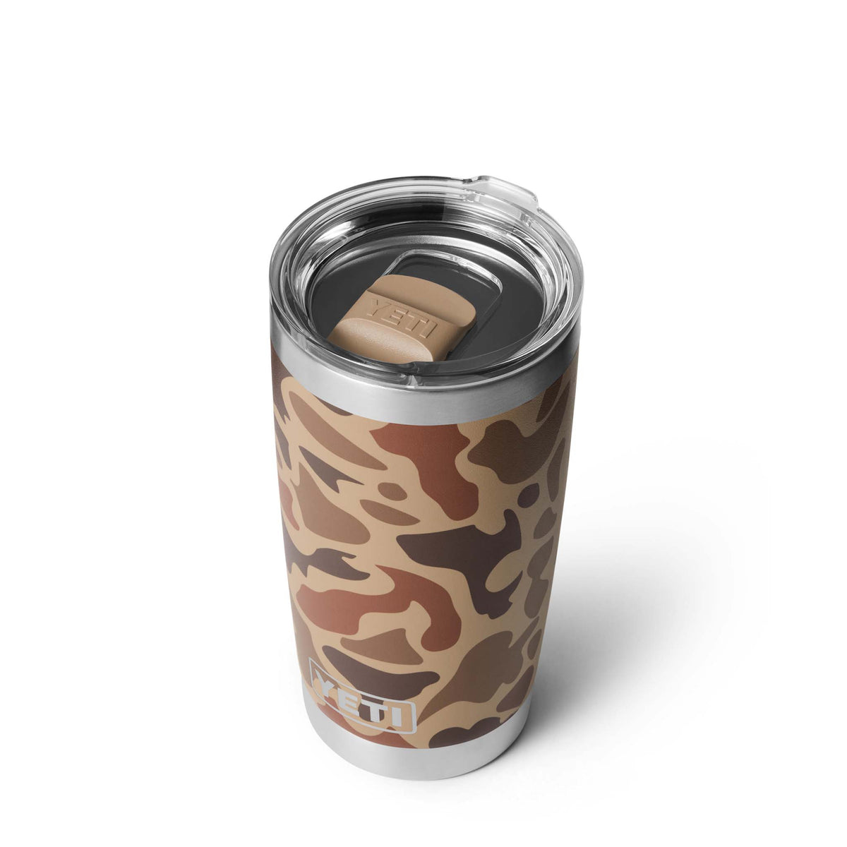Angled top view of YETI Rambler tumbler in Wetlands Camo with clear lid and tan MagSlider closure in locked position