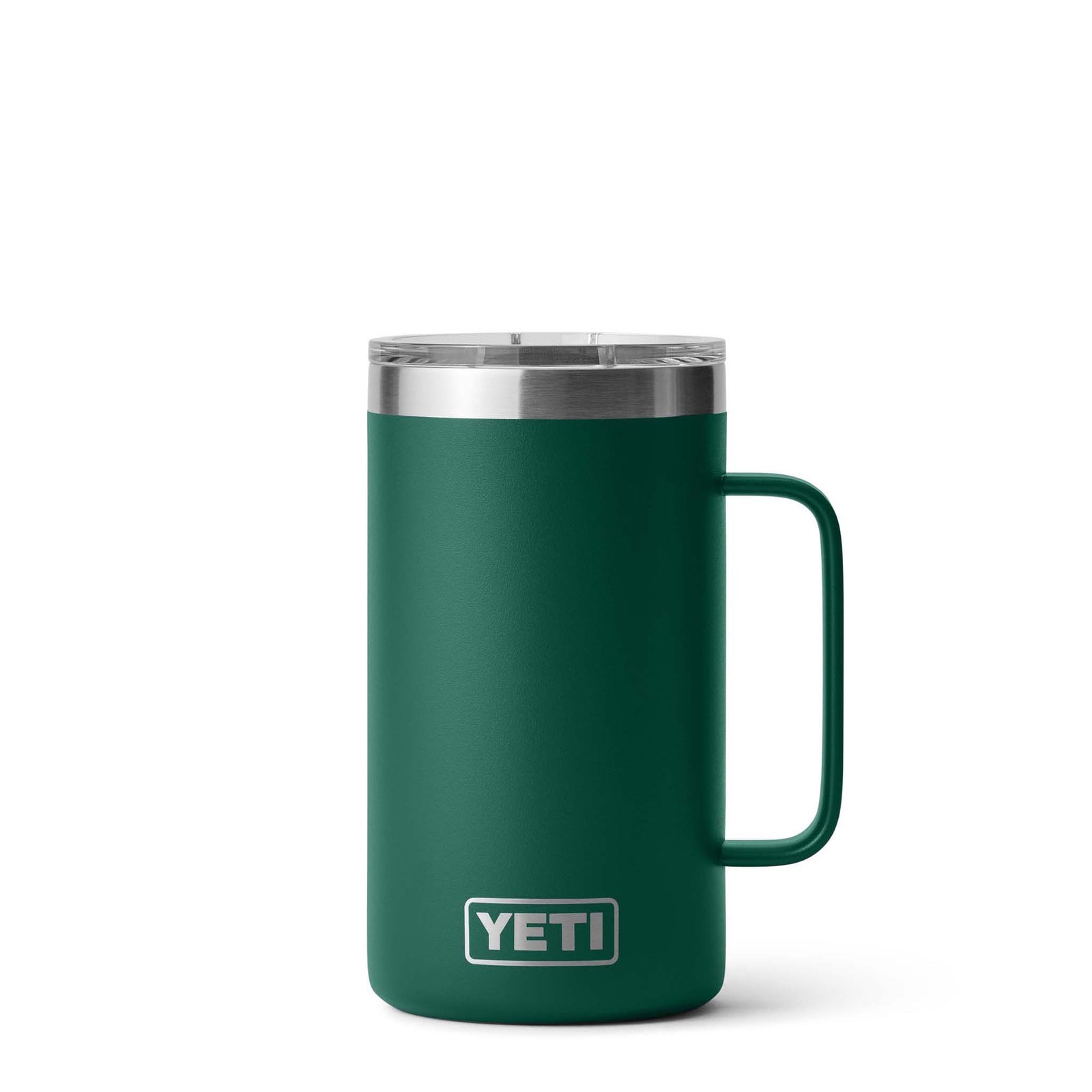 Yeti Rambler 24oz Mug in Black Forest Green with stainless YETI logo, shown from side view with handle on right.