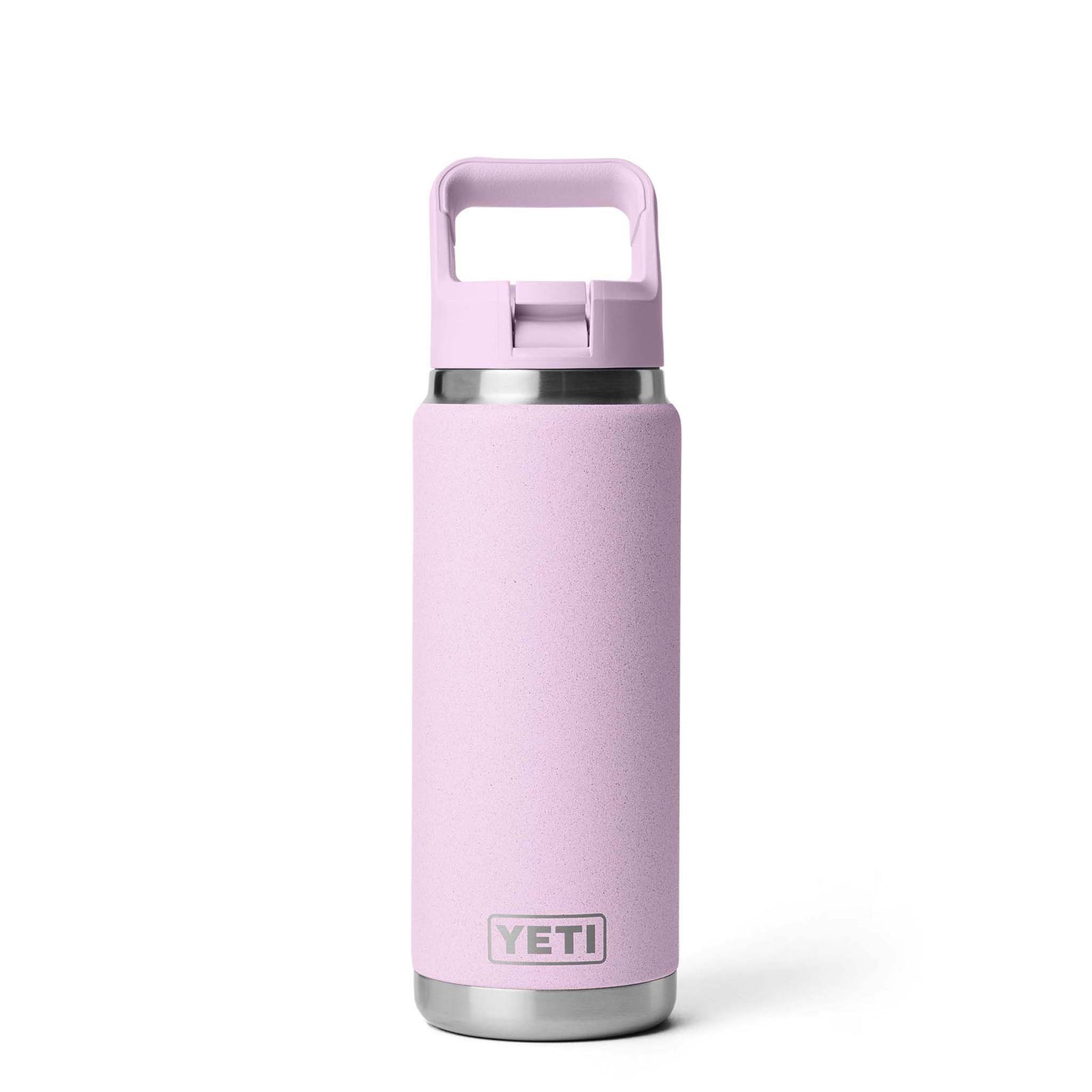 YETI Rambler water bottle in Cherry Blossom, front view with closed chug cap and YETI logo near base.