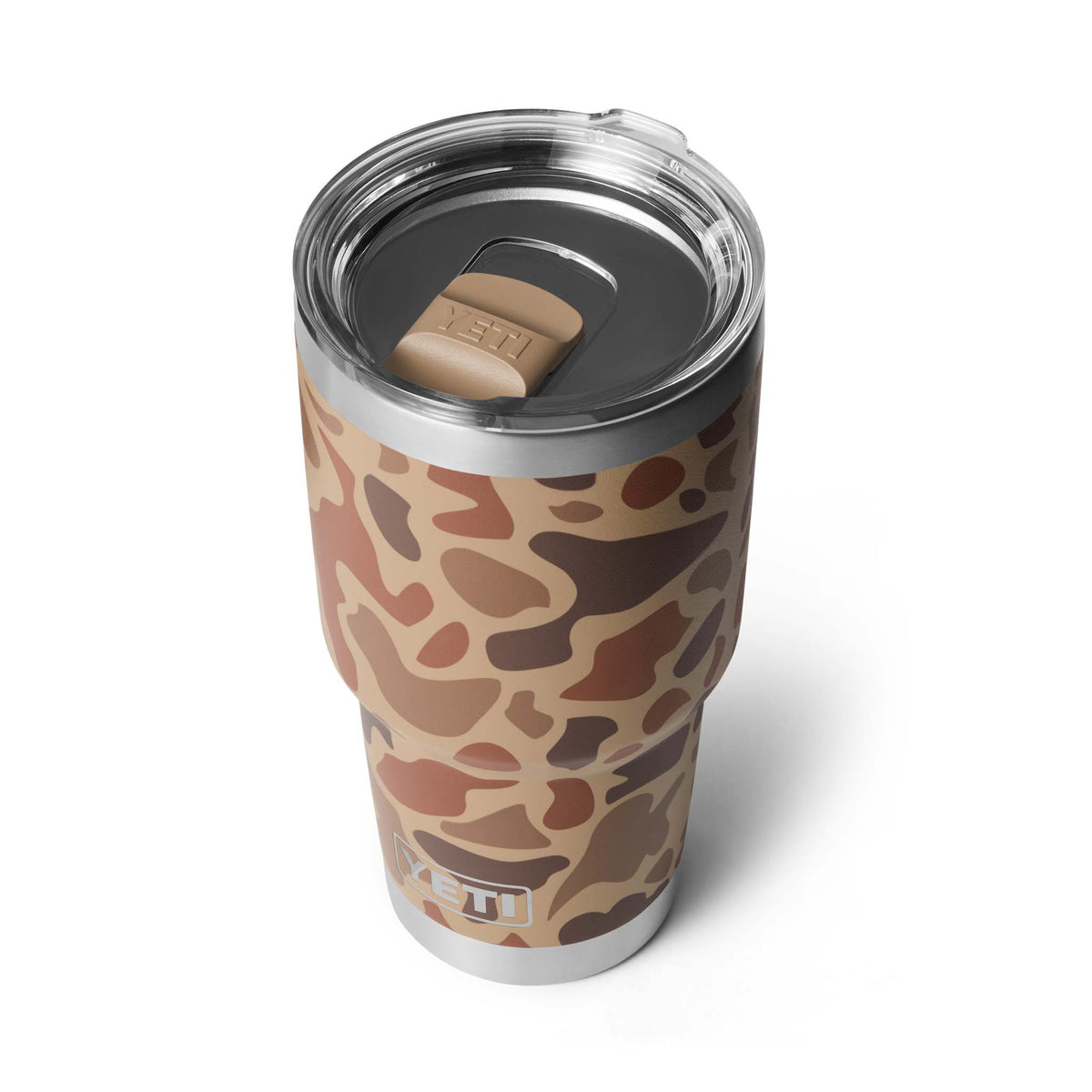 YETI Rambler 30oz Tumbler in Wetlands Camo shown at an angled top view with lid and tan MagSlider.
