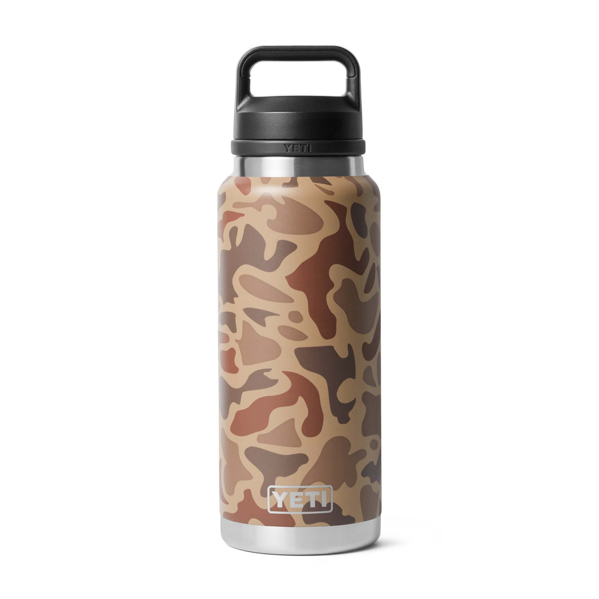 YETI Rambler 36oz Bottle in Wetlands Camo shown standing upright with black Chug Cap attached.