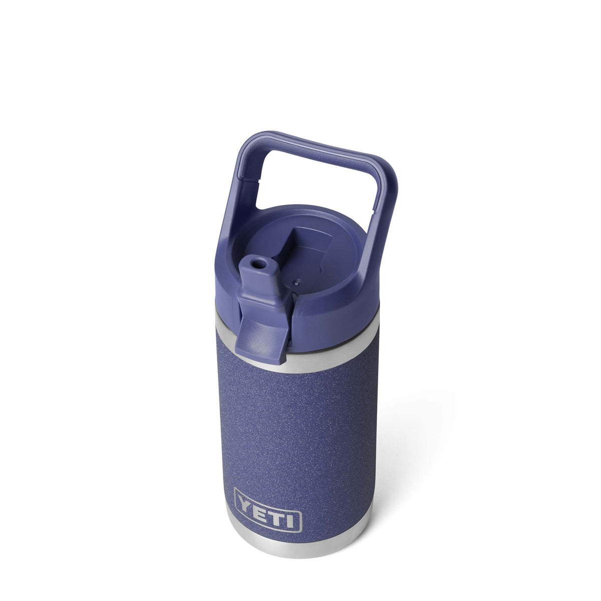 angled view Moon Dust Rambler Jr. 12oz Kids Bottle with straw spout open