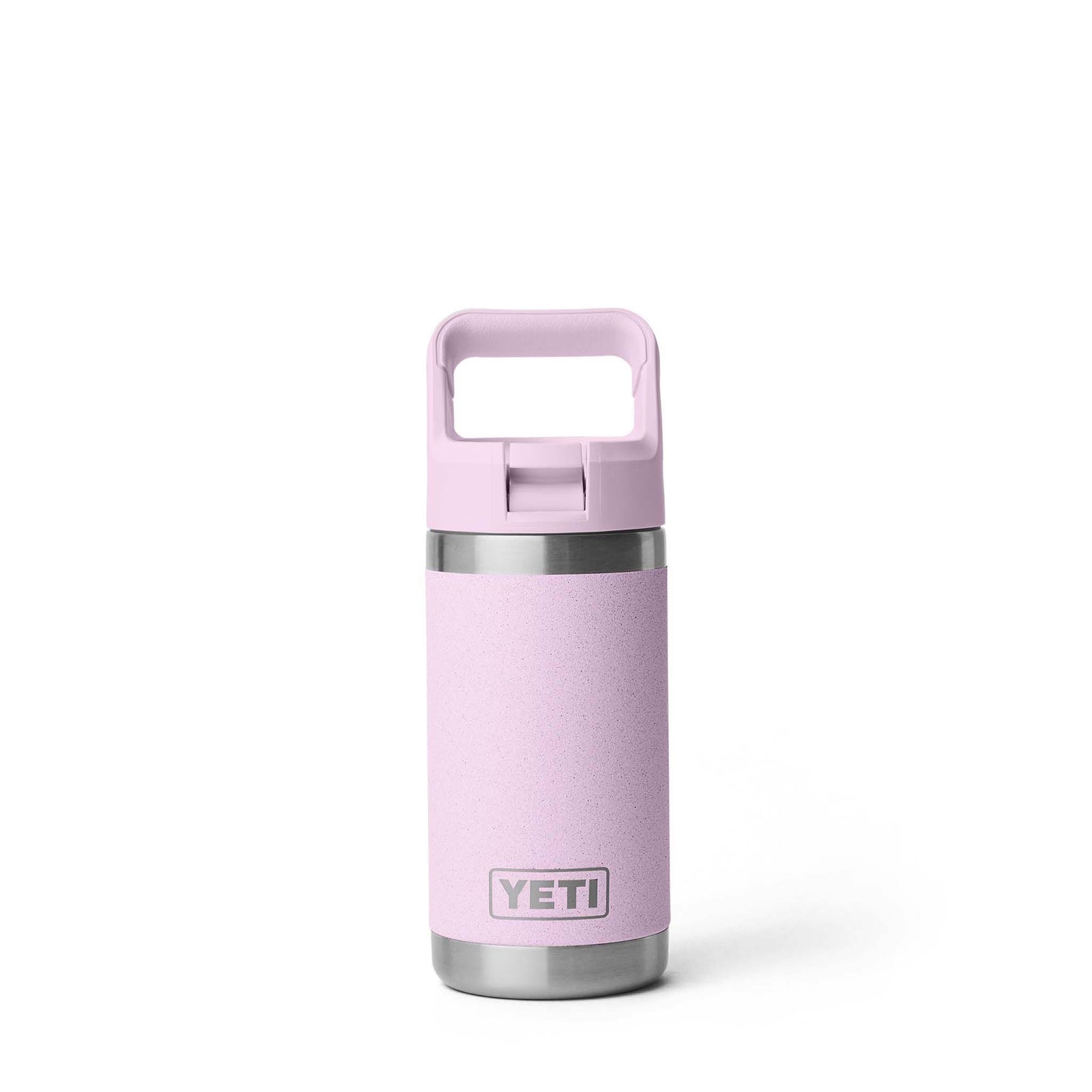 YETI Rambler 12oz Straw Bottle in Cherry Blossom, front view with closed straw cap and YETI logo near base.