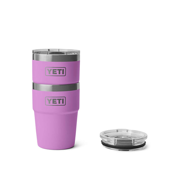 Two stacked Yeti desert bloom purple 16oz Rambler Stackable Cup shown on a white background.