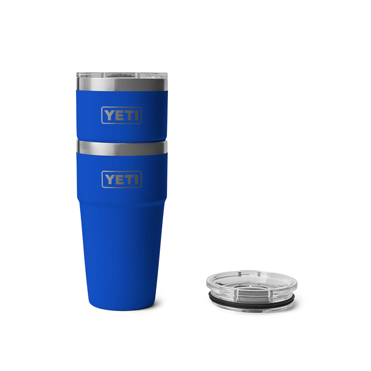 Two Yeti Royal Blue Rambler 20oz. Stackable Cups shown stacked together on a white background