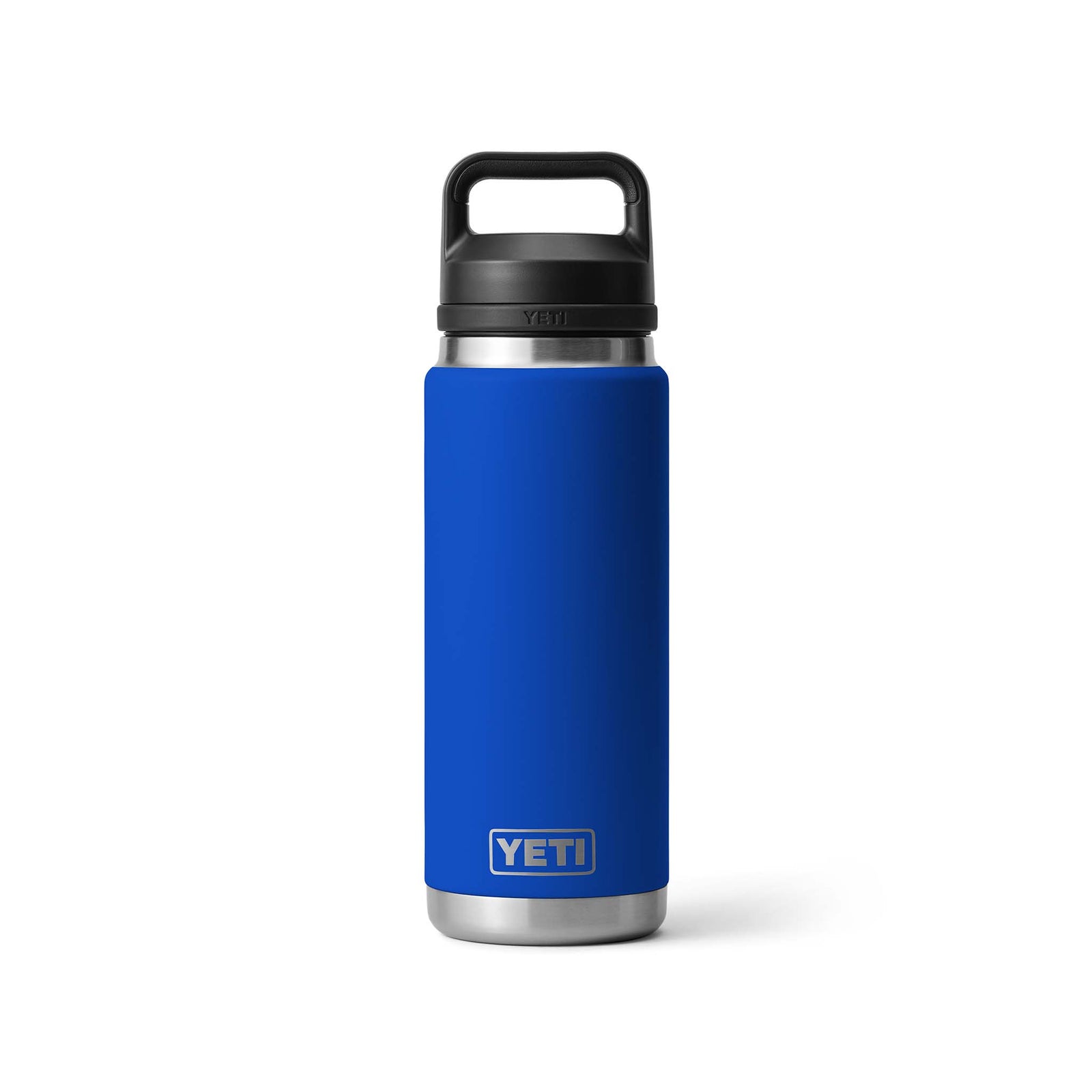 Blue YETI water bottle with a black lid on a white background