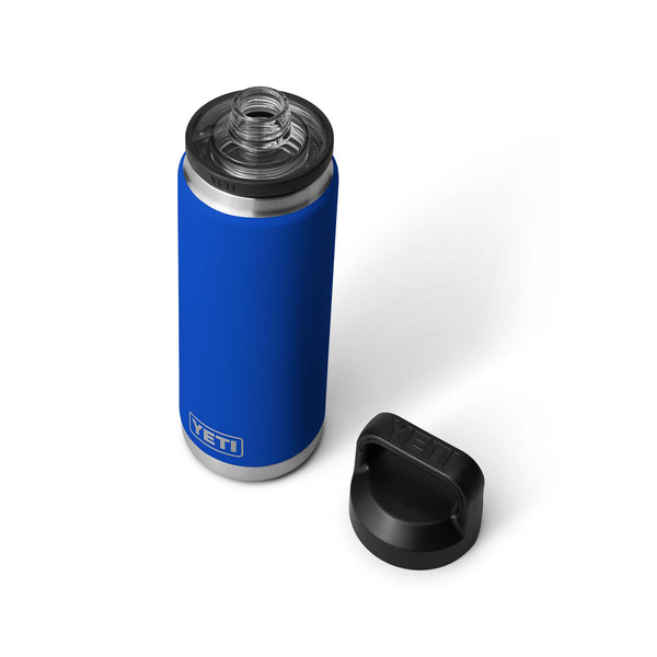 Blue YETI water bottle with black lid on a white background