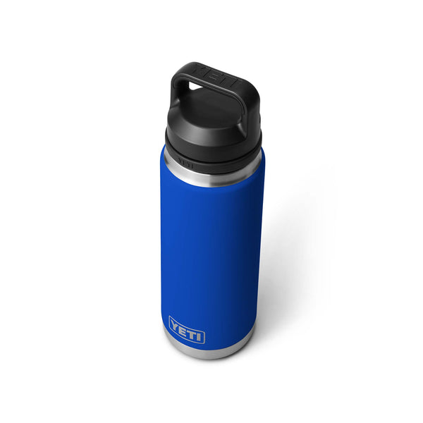 Blue YETI water bottle with black lid on a white background