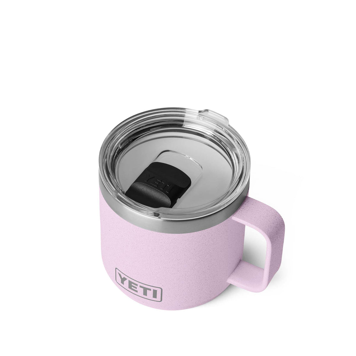 Light pink YETI Rambler mug with clear lid and black slider viewed from above.
