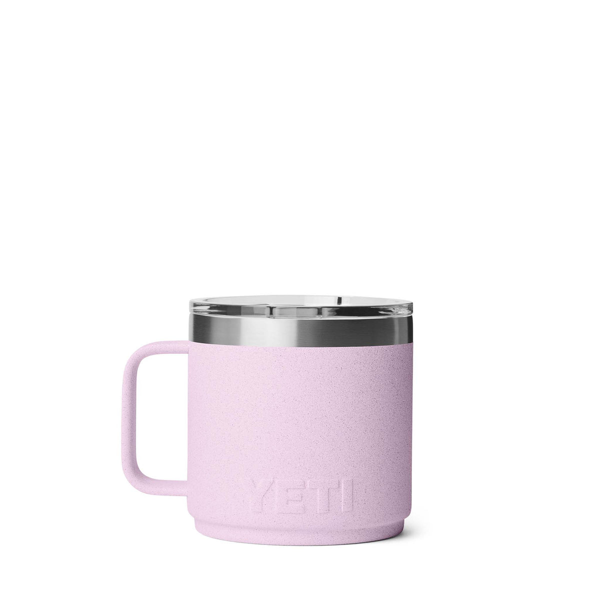 Light pink YETI Rambler stackable mug with stainless steel rim and handle.