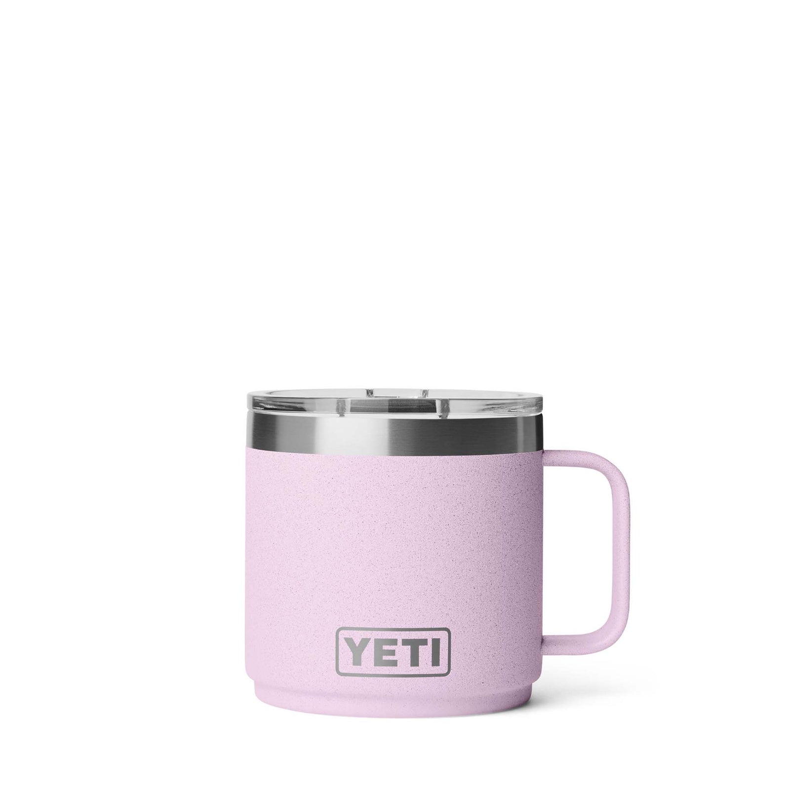 Light pink YETI Rambler stackable mug with stainless steel rim and handle.