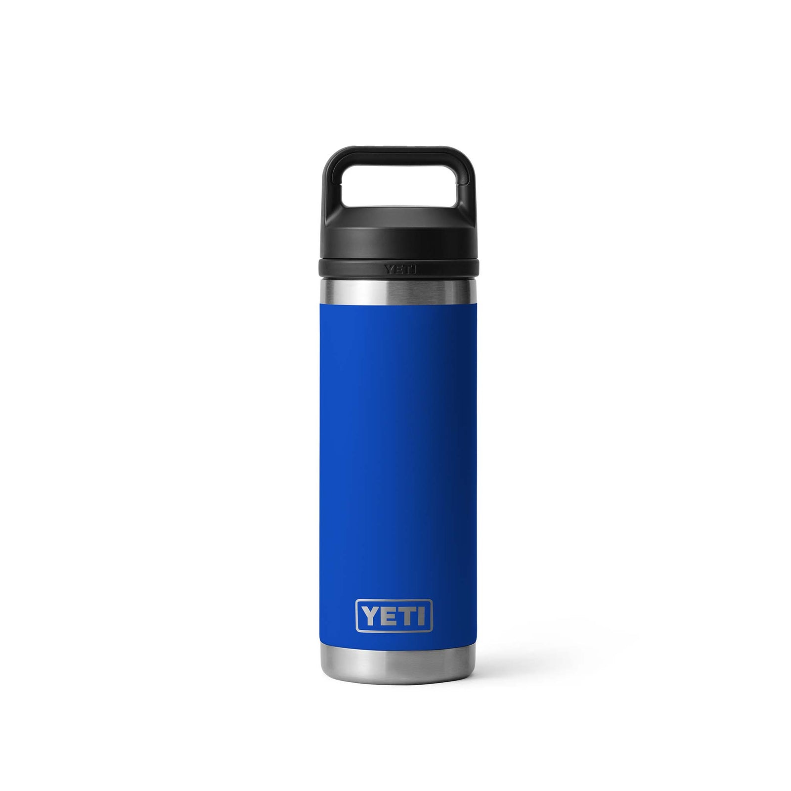 Blue YETI water bottle with a black lid on a white background