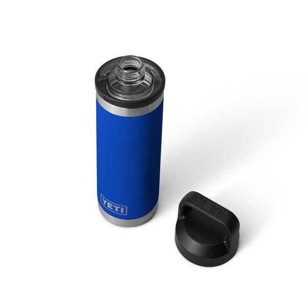 Blue YETI insulated bottle with black lid on a white background