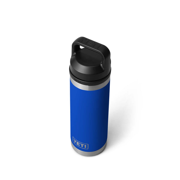 Blue YETI water bottle with black lid on a white background
