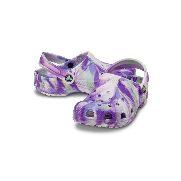 Kids Classic Glow Marbled Clog in Purple and White