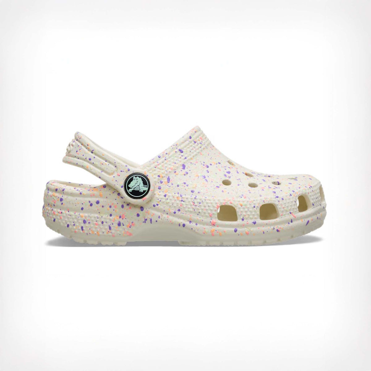 White speckled clog shoe on a white background