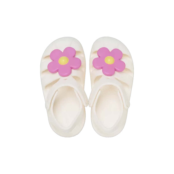 Pair of white sandals with pink flower designs on a white background