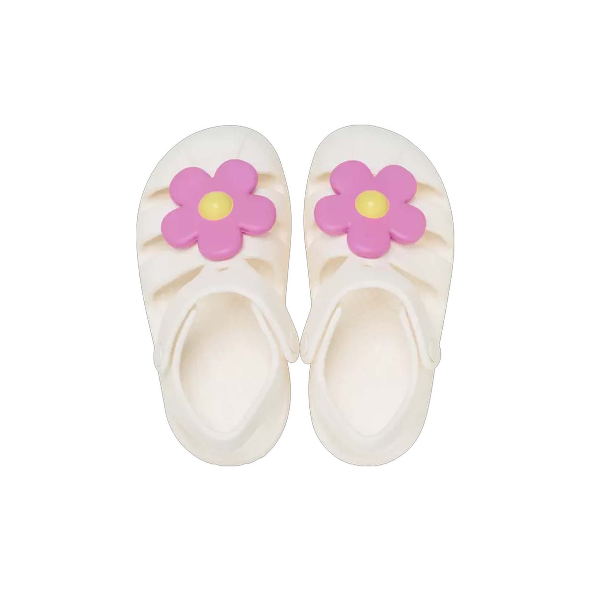 Pair of white sandals with pink flower designs on a white background