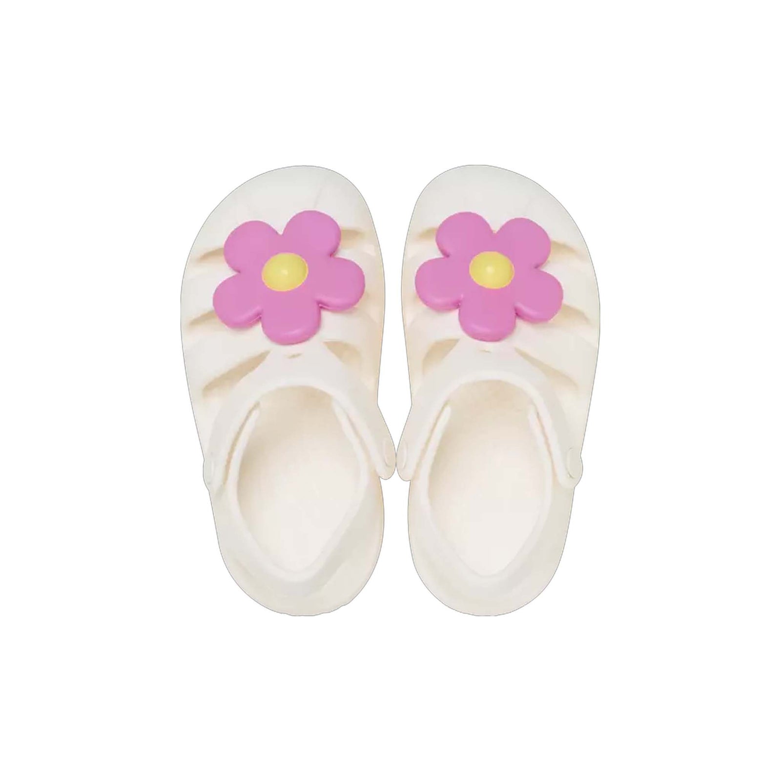 Pair of white sandals with pink flower designs on a white background