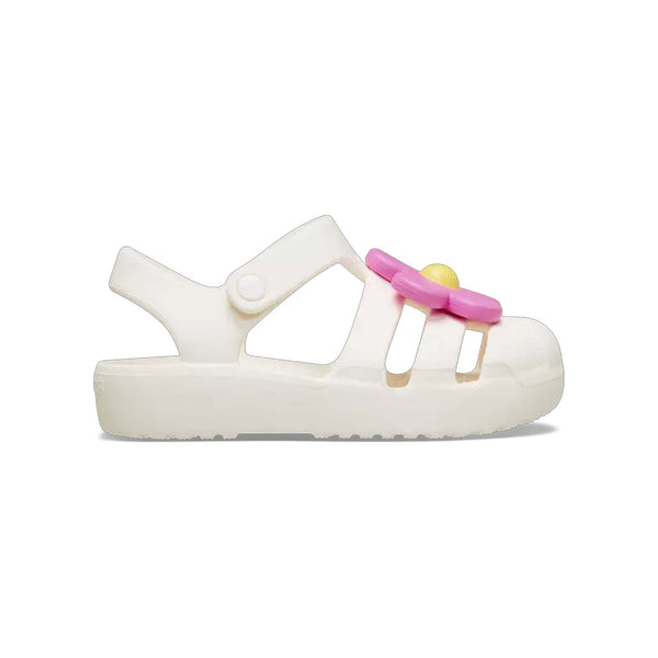 Crocs toddler fisherman sandal with flower detail on top.